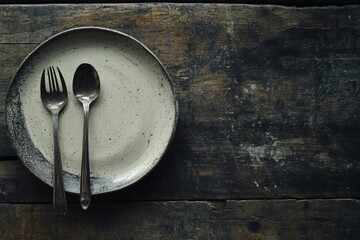 Aufkleber - Rustic dining setting featuring a plate and cutlery on a wooden table in a cozy atmosphere. Generative AI