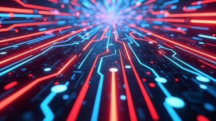 Poster - Abstract digital lines and circuits in bright neon colors against a dark background, suggesting innovation and technology