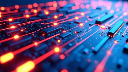 Poster - Abstract digital lines and circuits in bright neon colors against a dark background, suggesting innovation and technology