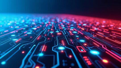 Poster - Abstract digital lines and circuits in bright neon colors against a dark background, suggesting innovation and technology