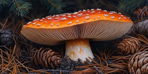 Sticker - Autumn forest mushroom among pine cones. Nature photography