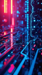 Poster - Abstract digital lines and circuits in bright neon colors against a dark background, suggesting innovation and technology