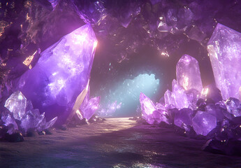 Wall Mural - a purple crystal cave, many large crystals in the walls, low angle shot, cinematic, close up, photor