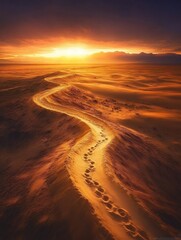 Poster - Footprints lead into the sunset on a winding desert path with vibrant colors and dramatic sky. Generative AI