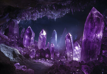 Wall Mural - an immersive view of an amethyst cave, with its deep purple hues reflecting the ambient light, creat