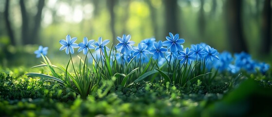 Sticker - Blue spring flowers in forest, sunlight. Nature background