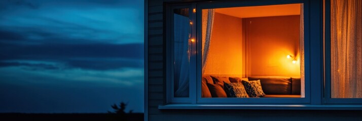 Aufkleber - Cozy interior lighting shines through window at twilight overlooking a serene landscape. Generative AI