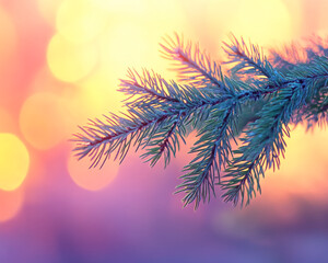 Poster - Close-up of a pine tree branch with soft bokeh background in vibrant purple and yellow, symbolizing winter, holiday season, tranquility, and nature's beauty.