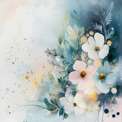 Poster - Watercolor background with delicate pastel flowers and soft ink splashes, creating an ethereal atmosphere