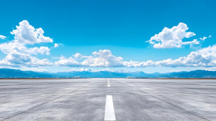 Poster - Wide open runway under a bright blue sky with fluffy clouds