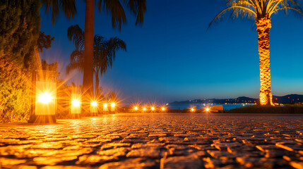 Poster - Scenic evening view with lit pathway and palm trees at dusk