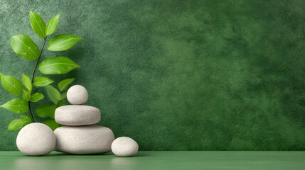 Poster - Zen stones with green leaves on a textured background