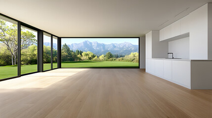 Poster - Modern interior with large windows showcasing a scenic outdoor view