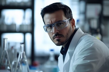 Poster - Scientist conducting research in a laboratory focused on experimentation and analysis
