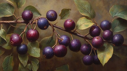 Sticker - Dark berries branch still life painting, autumn harvest