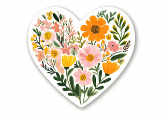 Poster - a flat illustration of a heart-shaped floral sticker, vibrant color palette, white background, gouache paint , pastel colors, pink, orange, and yellow tones,