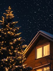 Poster - Brightly lit Christmas tree beside warm home under starry night sky during the holiday season. Generative AI