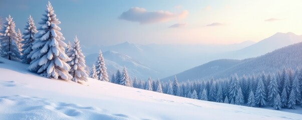 Wall Mural - Serene winter landscape with snow-covered trees and hills, gentle, trees