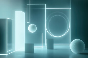 Poster - Modern geometric composition with glowing shapes in a minimalistic setting