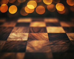 Fototapete - Close-up of a wooden chessboard with blurred bokeh lights in the background, highlighting the chessboard's texture and design. Represents strategy, games, and focus.