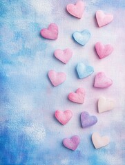Fototapete - Colorful heart shaped decorations on a soft blue background create a romantic atmosphere suitable for celebrations and events. Generative AI