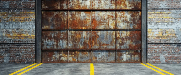 Poster - Close-up of an old, rusted garage door with a yellow parking line in front of a brick wall. Represents decay, industrial, urban settings, and grunge aesthetic.