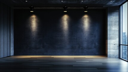Poster - Contemporary empty space with a dark textured accent wall, spotlights, and a clean aesthetic, perfect for showcasing interior design ideas