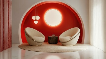 Poster - Contemporary interior with a smooth red archway accent wall, stylish armchairs, and minimalist decor, creating an upscale living space