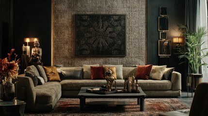 Fototapete - Contemporary space with a beautifully detailed classic-patterned wall, blending modern luxury with historical charm