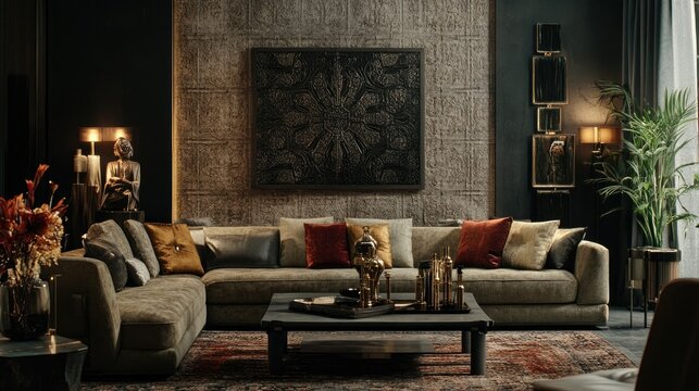 Contemporary space with a beautifully detailed classic-patterned wall, blending modern luxury with historical charm