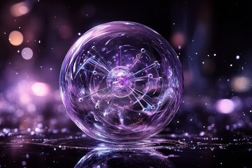 Poster - Stunning visualization of an atom with glowing particles in a cosmic space background