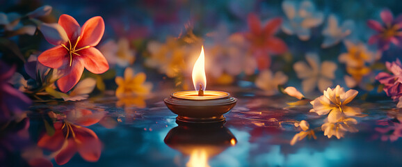 Poster - An oil lamp burning amidst colorful flowers with a dreamy bokeh background, symbolizing warmth, tranquility, and a peaceful atmosphere.