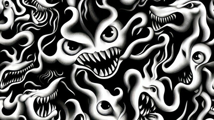 Poster - abstract monochrome surreal pattern with distorted faces and curves