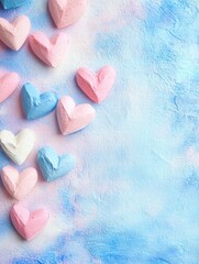 Aufkleber - Colorful heart shapes scattered on a textured blue background for festive decorations or crafts. Generative AI