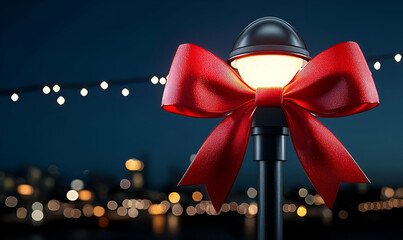 Poster - Decorative Street Lamp with Red Bow and Twinkling Lights at Night