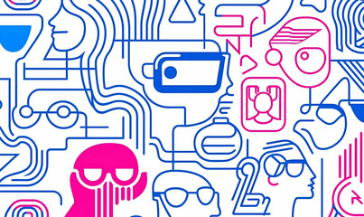 Poster - Abstract Line Art with Colorful Shapes and Faces in Modern Design