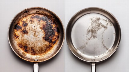 Poster - Comparison of a dirty frying pan and a clean frying pan, showcasing effective cleaning methods for cookware restoration. Generative AI
