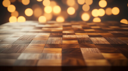 Poster - Close-up of a wooden floor with a checkered pattern, featuring a warm and bokeh background, symbolizing craftsmanship, texture, and natural materials in interior design.