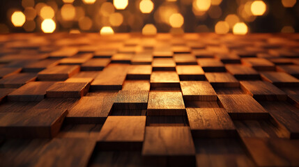 Aufkleber - Close-up of a wooden floor with a checkerboard pattern and warm bokeh background, symbolizing natural materials, craftsmanship, and elegant interior design.