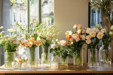 Aufkleber - Freshly arranged flowers in glass vases brightening up a sunshine filled shop interior. Generative AI