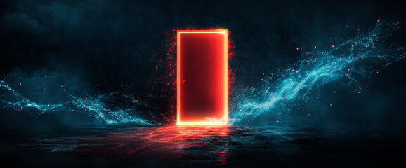 Poster - A glowing red door opens into a dark, mystical space, with vibrant light and energy streaming through, symbolizing a gateway to a new world or opportunity.