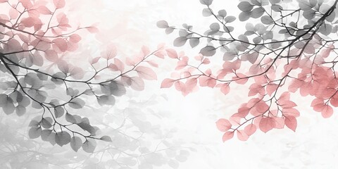 Wall Mural - Pastel Pink And Grey Watercolor Background With Floral, Leaf Silhouettes, Elegant, Detailed, Gentle