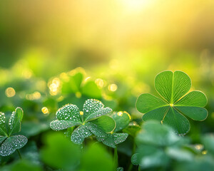 Poster - Close-up of fresh green clover leaves with dew drops in the morning sunlight. The vibrant greenery and soft bokeh background create a refreshing and calming atmosphere, symbolizing luck.