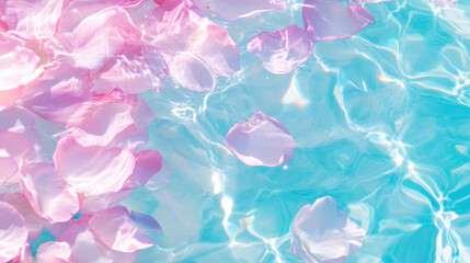 Poster - Tranquil aesthetic of pink petals floating on clear water surface for relaxation and wellness design
