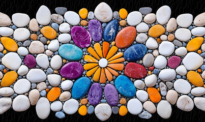 Poster - Colorful Decorative Pebble Art with Floral Pattern on Dark Background