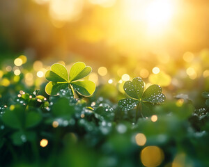 Poster - Close-up view of clover leaves with water droplets on them, bathed in soft sunlight. The image symbolizes luck, growth, and renewal, with a dreamy background of natural beauty.