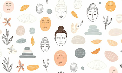 Poster - Abstract Design with Buddhas, Stones, Leaves, and Floral Patterns