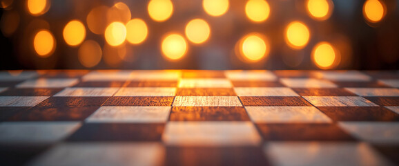 Poster - Close-up view of a wooden chessboard with glowing bokeh lights in the background, representing a game of strategy, planning, and concentration.