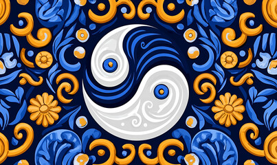 Poster - Intricate Blue and White Yin Yang Design with Floral Elements