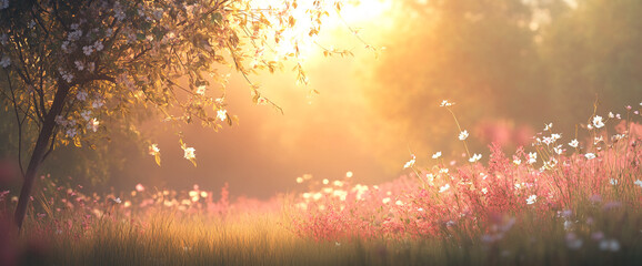 Poster - A soft, glowing image of spring blossoms with sunlight filtering through trees, creating a peaceful and serene atmosphere that symbolizes renewal and natural beauty.